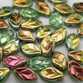 Green & Clear, lustered metallic wavy leaf 12x7mm glass drop bead