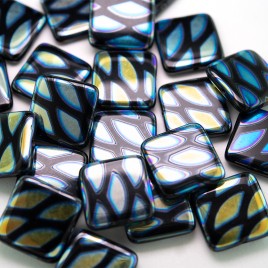 Jet Peacock Square 15x15mm Pressed Glass Bead